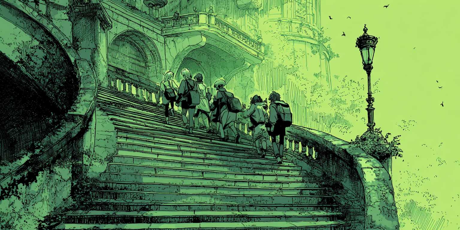 young students ascending a staircase